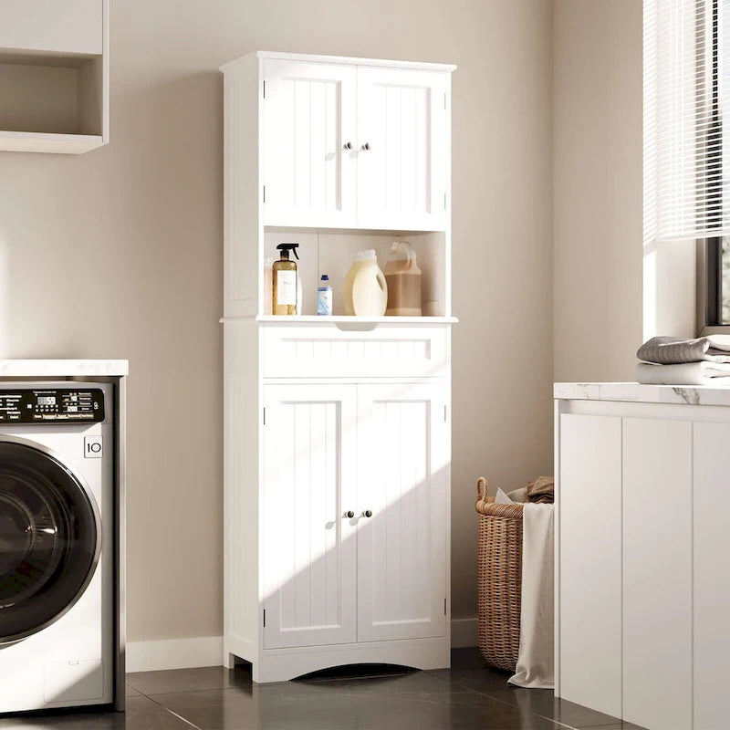 Armoire de cuisine autoportante blanche de 66,5 pouces de haut avec tiroirs coulissants en métal et système de fermeture à clapet