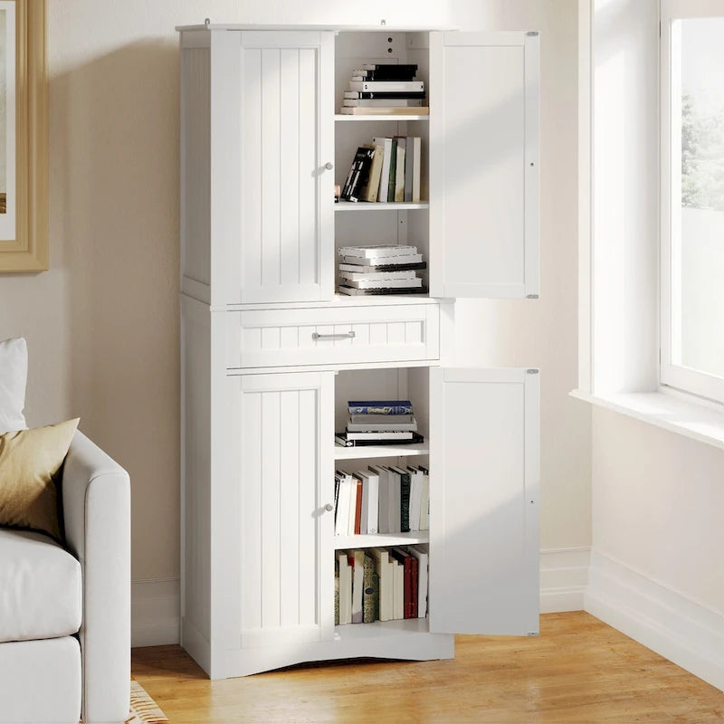 Armoire de cuisine autoportante blanche de 66,5 pouces de haut avec tiroirs coulissants en métal et système de fermeture à clapet