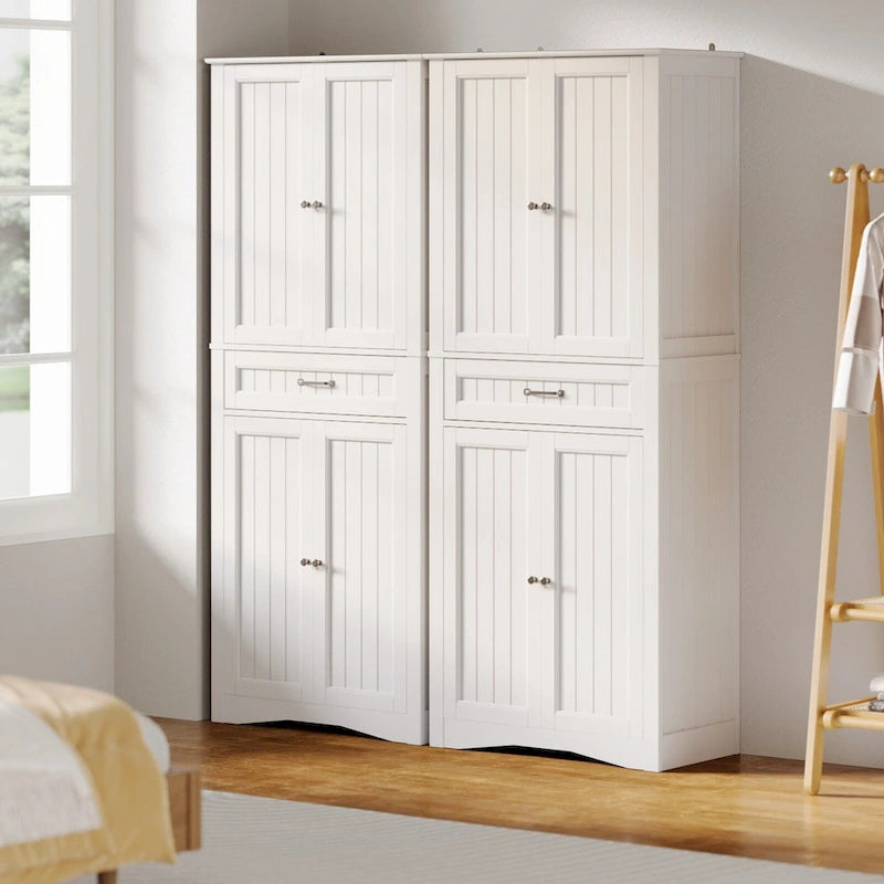 Armoire de cuisine autoportante blanche de 66,5 pouces de haut avec tiroirs coulissants en métal et système de fermeture à clapet