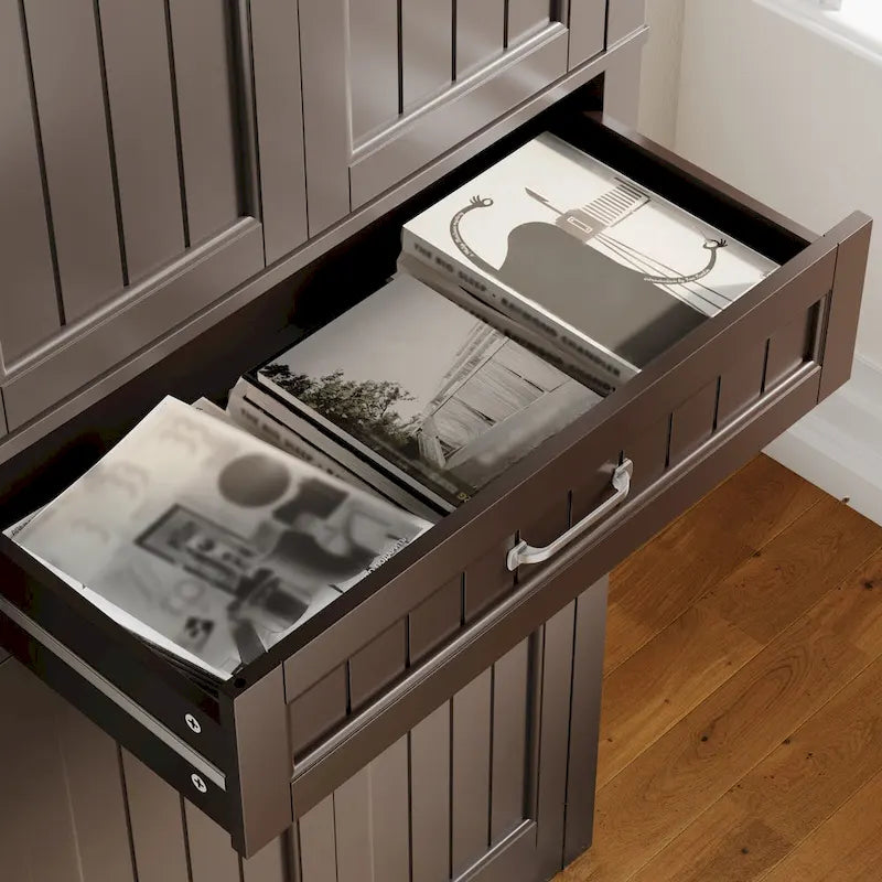 Armoire de cuisine autoportante blanche de 66,5 pouces de haut avec tiroirs coulissants en métal et système de fermeture à clapet