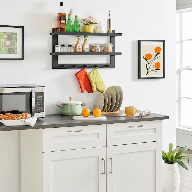 Étagère murale à 2 niveaux Danya B. avec 5 crochets de suspension - Entrée ou salle de bain