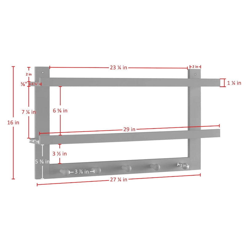 Étagère murale à 2 niveaux Danya B. avec 5 crochets de suspension - Entrée ou salle de bain