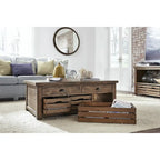Table basse Stratton Rustic Warm Nutmeg avec plateau relevable et rangement, roulettes