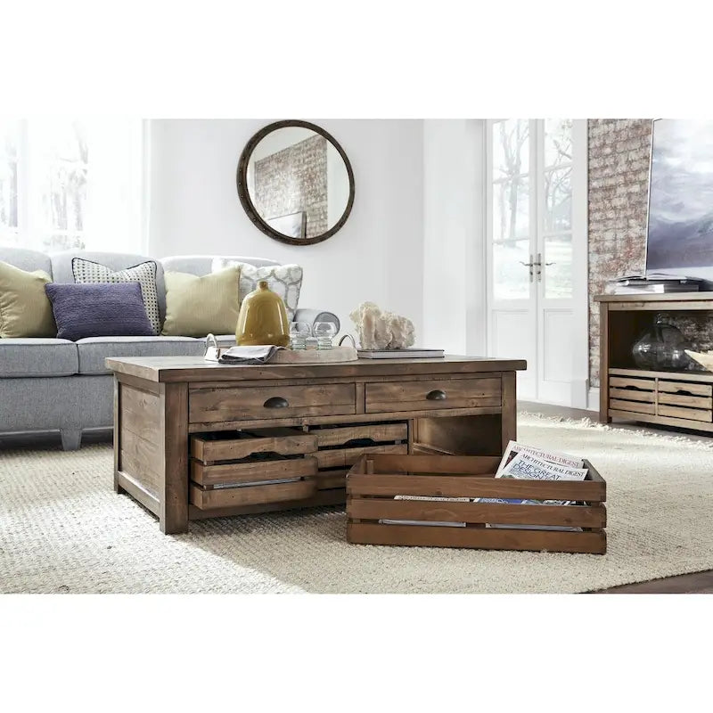 Table basse Stratton Rustic Warm Nutmeg avec plateau relevable et rangement, roulettes