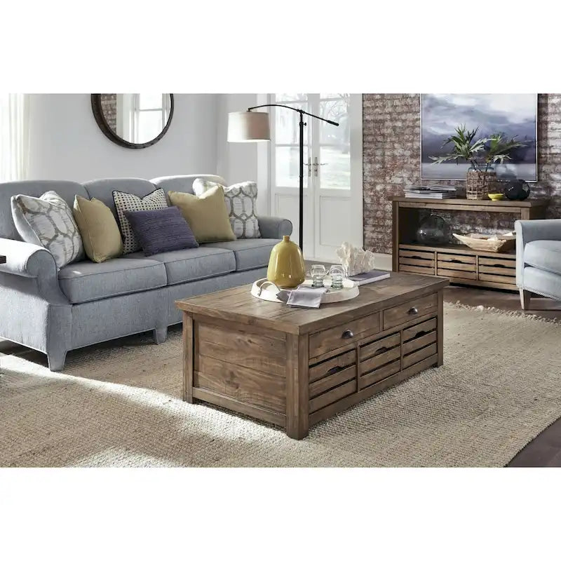 Table basse Stratton Rustic Warm Nutmeg avec plateau relevable et rangement, roulettes