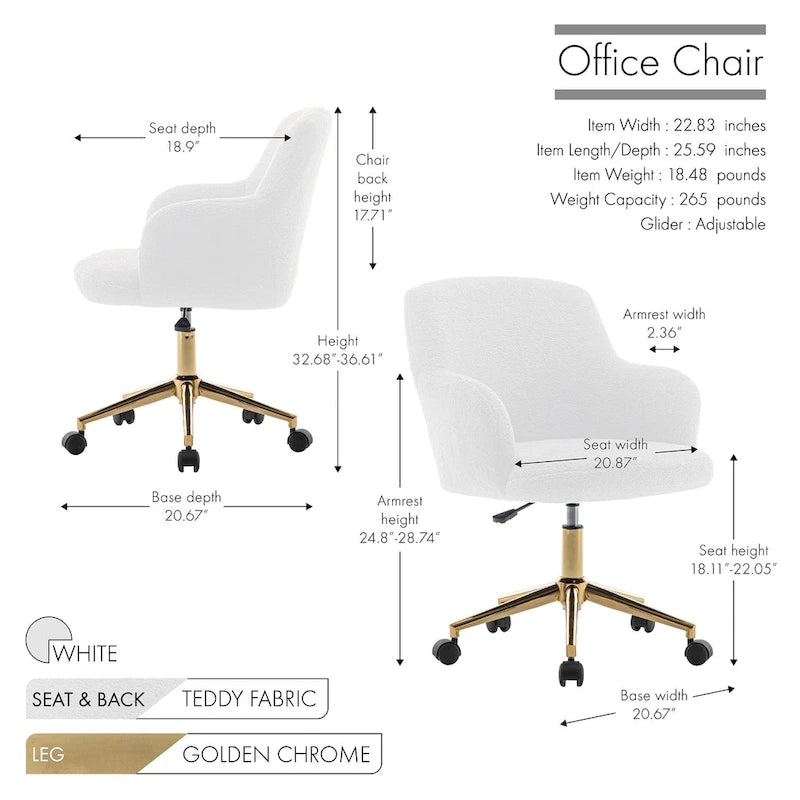 Fauteuil de bureau pivotant Porthos Home Tana, tissu Teddy, pieds chromés dorés