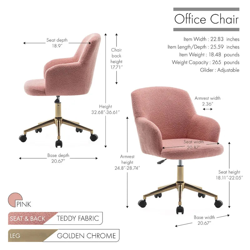 Fauteuil de bureau pivotant Porthos Home Tana, tissu Teddy, pieds chromés dorés