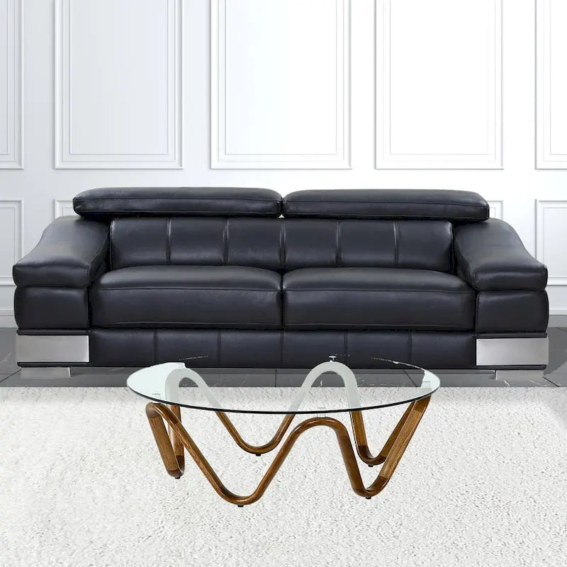 Table basse ronde HomeRoots 45 en noyer et verre transparent, style abstrait - 45 x 45 x 15