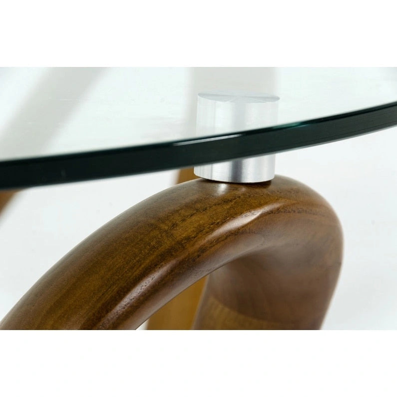 Table basse ronde HomeRoots 45 en noyer et verre transparent, style abstrait - 45 x 45 x 15