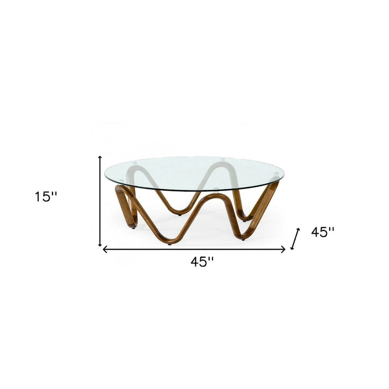 Table basse ronde HomeRoots 45 en noyer et verre transparent, style abstrait - 45 x 45 x 15