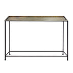 Aurelia 48 Inch Console Sofa Table, Artisanal Hammered Antique Bronze Tray Top, Industrial Black Iron Frame