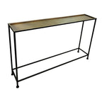 Table console Aurelia 122 cm, plateau en bronze antique martelé artisanalement, structure en fer noir de style industriel