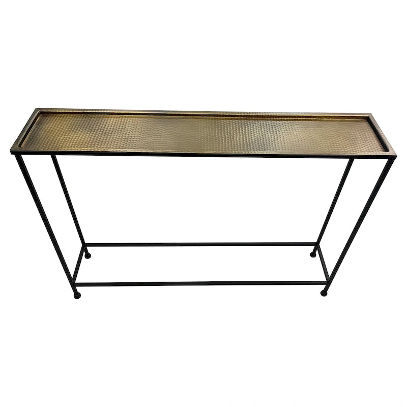 Table console Aurelia 122 cm, plateau en bronze antique martelé artisanalement, structure en fer noir de style industriel