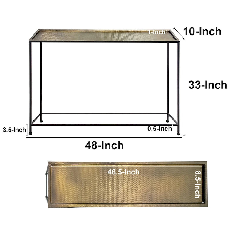 Table console Aurelia 122 cm, plateau en bronze antique martelé artisanalement, structure en fer noir de style industriel