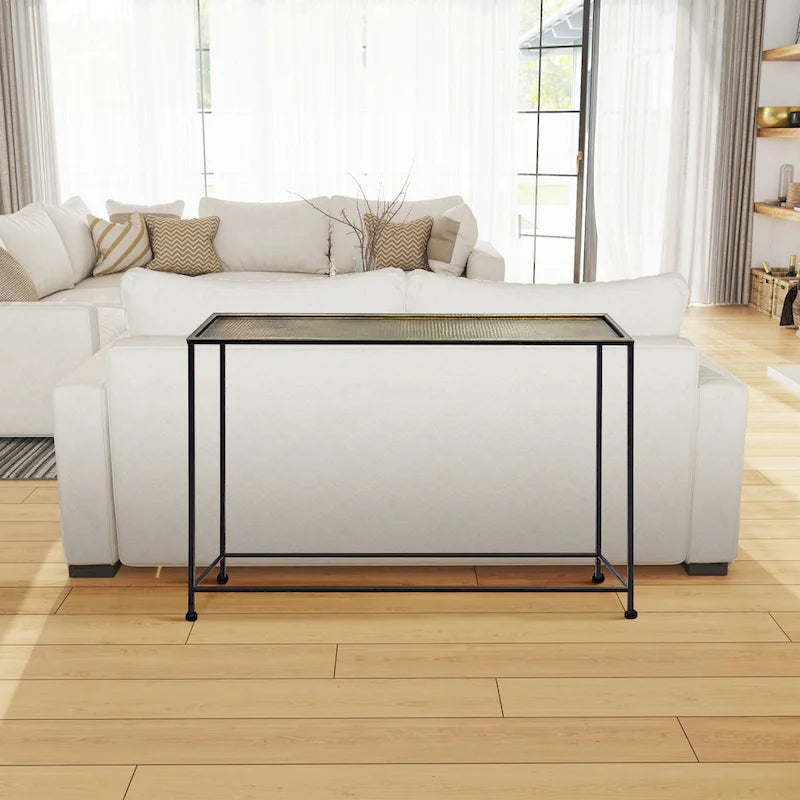 Table console Aurelia 122 cm, plateau en bronze antique martelé artisanalement, structure en fer noir de style industriel