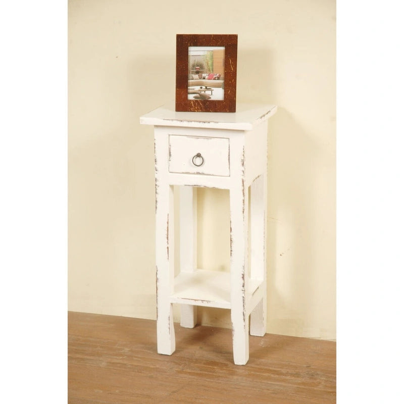 Table d'appoint étroite en bois massif vieilli - 65,4 cm - Blanc délavé