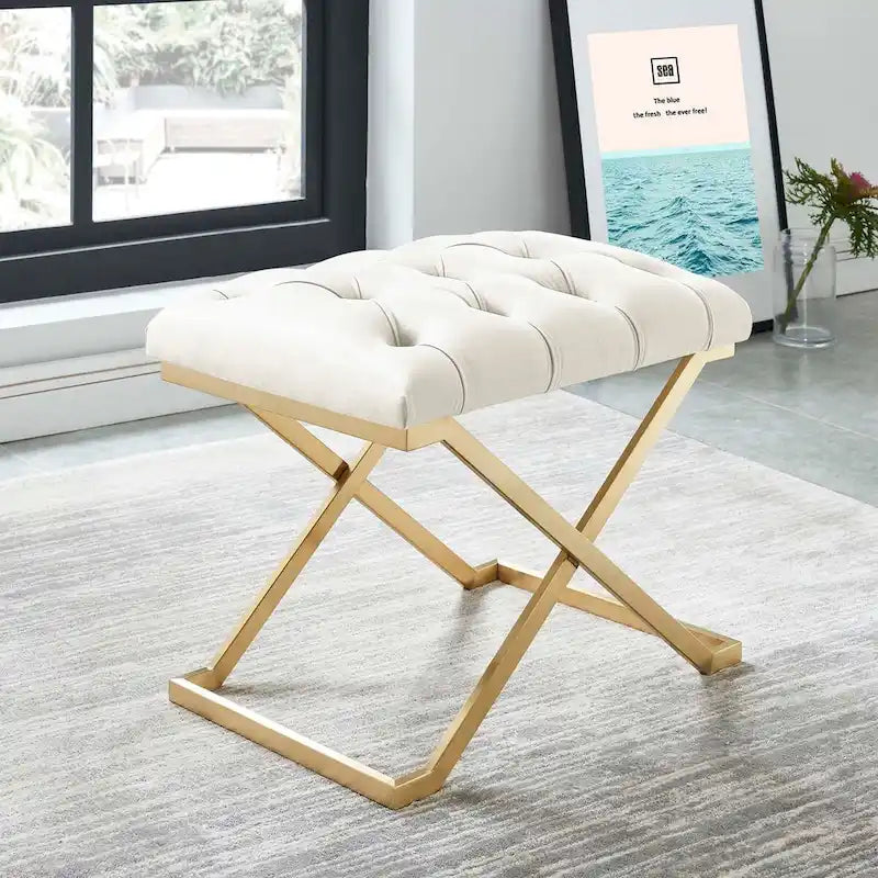 Banc simple contemporain ivoire et or avec capitonnage à boutons