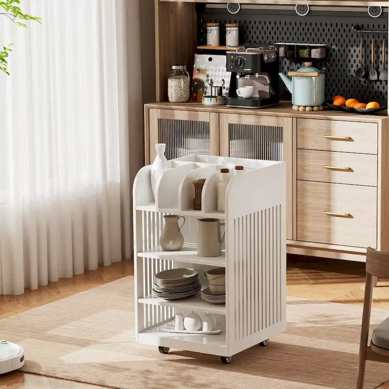 Îlot de cuisine mobile à 4 niveaux avec étagère à épices et roulettes verrouillables, design simple.