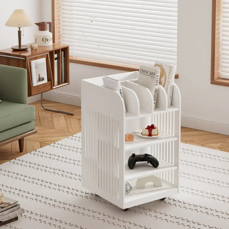 Îlot de cuisine mobile à 4 niveaux avec étagère à épices et roulettes verrouillables, design simple.