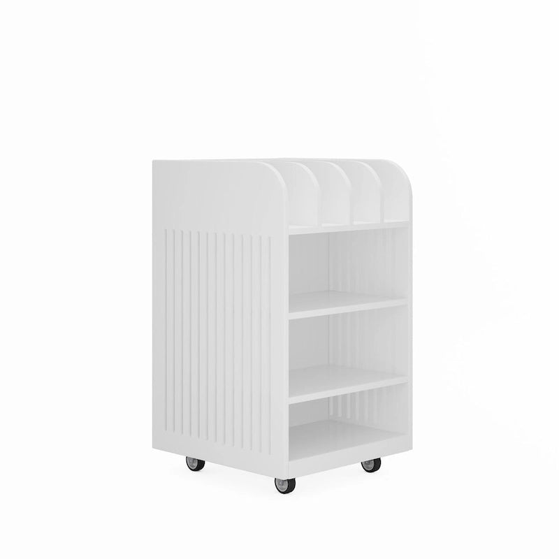 Îlot de cuisine mobile à 4 niveaux avec étagère à épices et roulettes verrouillables, design simple.