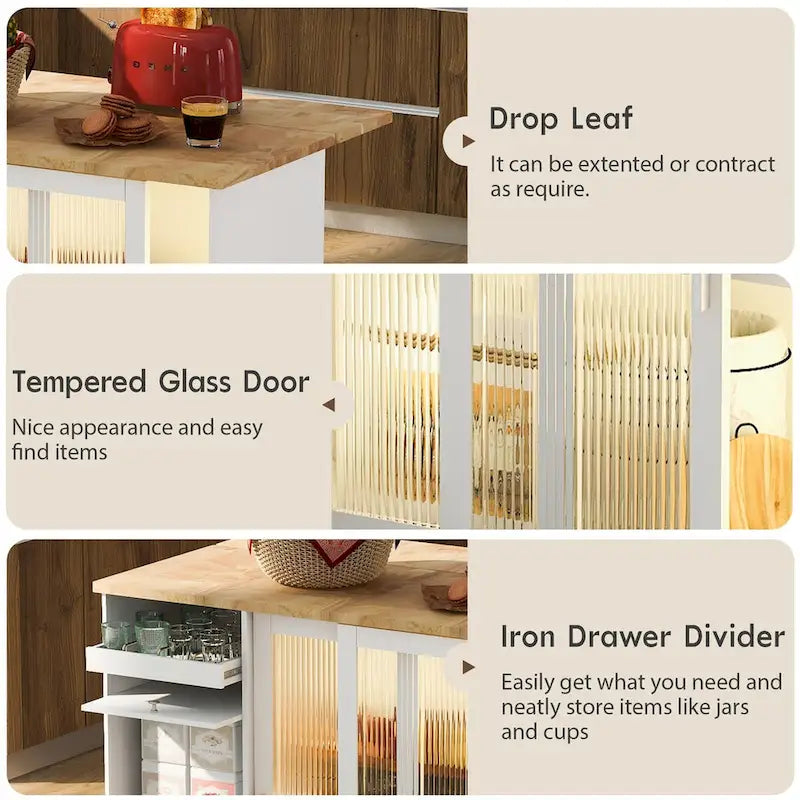 Îlot de cuisine avec plateau rabattable, éclairage LED, portes en verre cannelé, étagère réglable, deux tiroirs et roulettes.