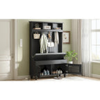 Banc d'entrée 5 en 1 avec portes à volets, porte-manteau, coussin et 4 crochets robustes, meuble d'entrée de 120 cm de large avec banc de rangement