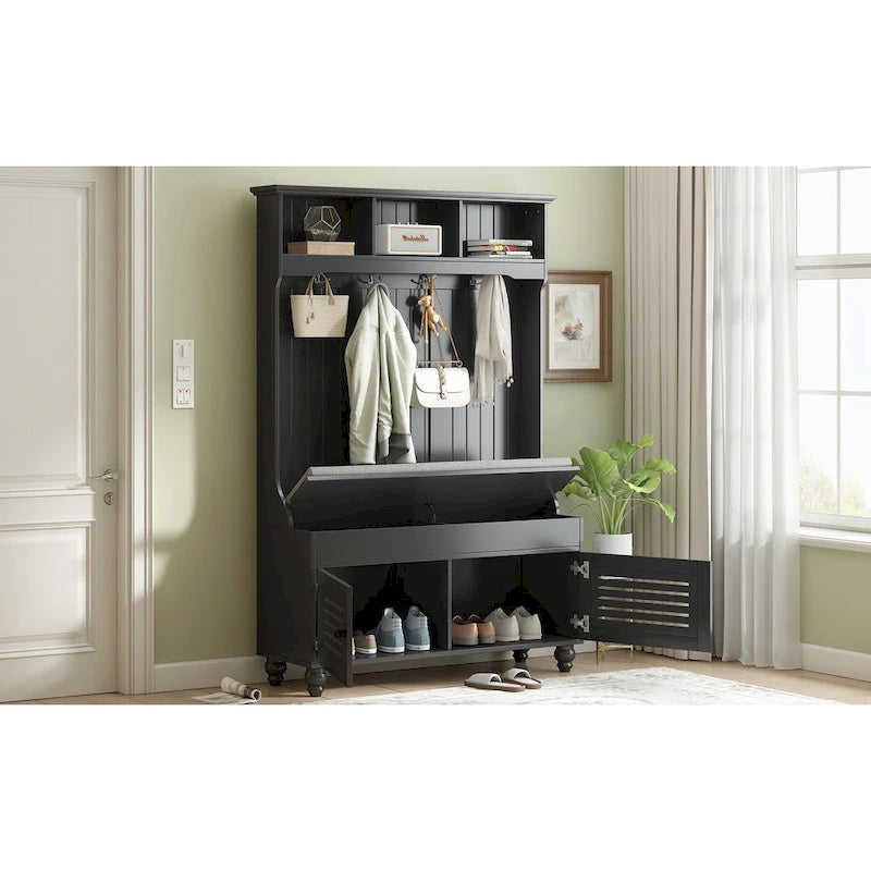 Banc d'entrée 5 en 1 avec portes à volets, porte-manteau, coussin et 4 crochets robustes, meuble d'entrée de 120 cm de large avec banc de rangement