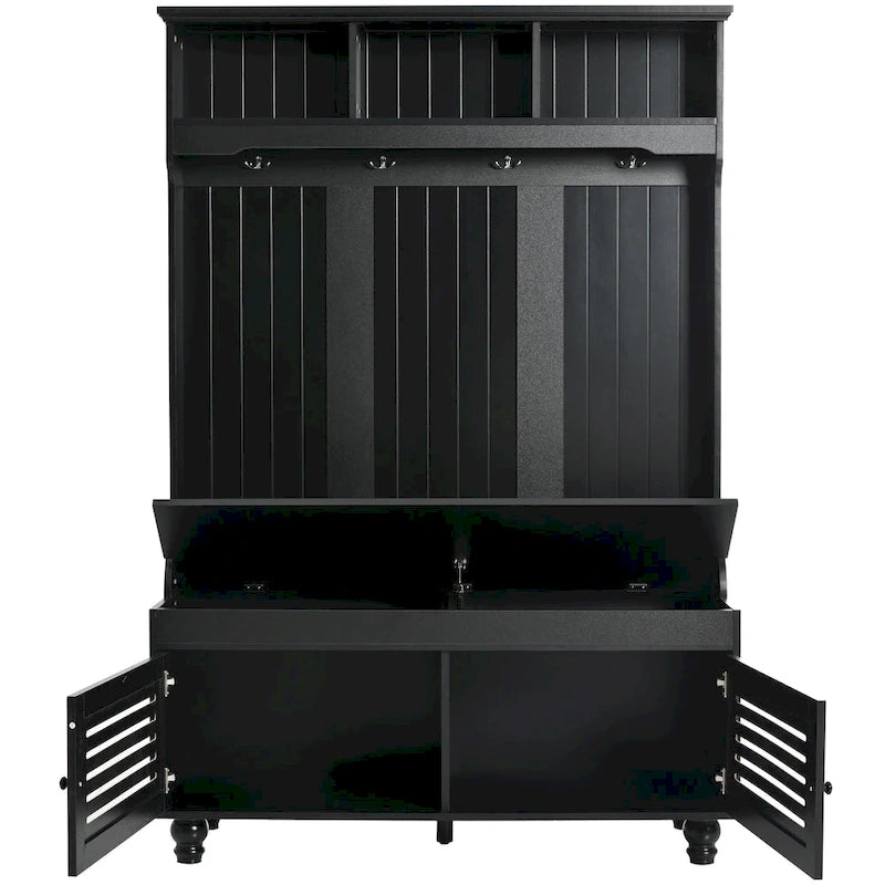 Banc d'entrée 5 en 1 avec portes à volets, porte-manteau, coussin et 4 crochets robustes, meuble d'entrée de 120 cm de large avec banc de rangement