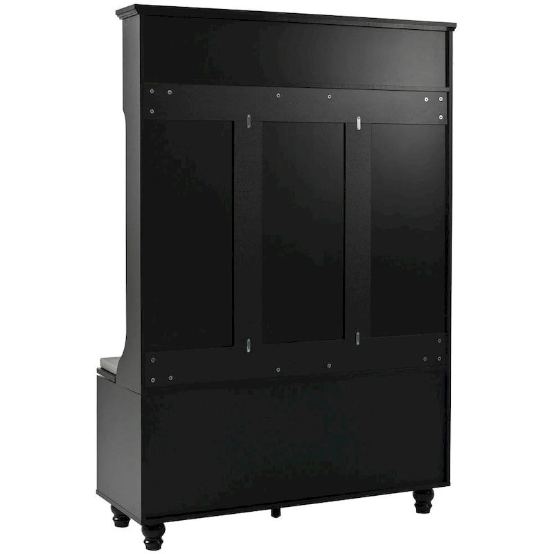 Banc d'entrée 5 en 1 avec portes à volets, porte-manteau, coussin et 4 crochets robustes, meuble d'entrée de 120 cm de large avec banc de rangement