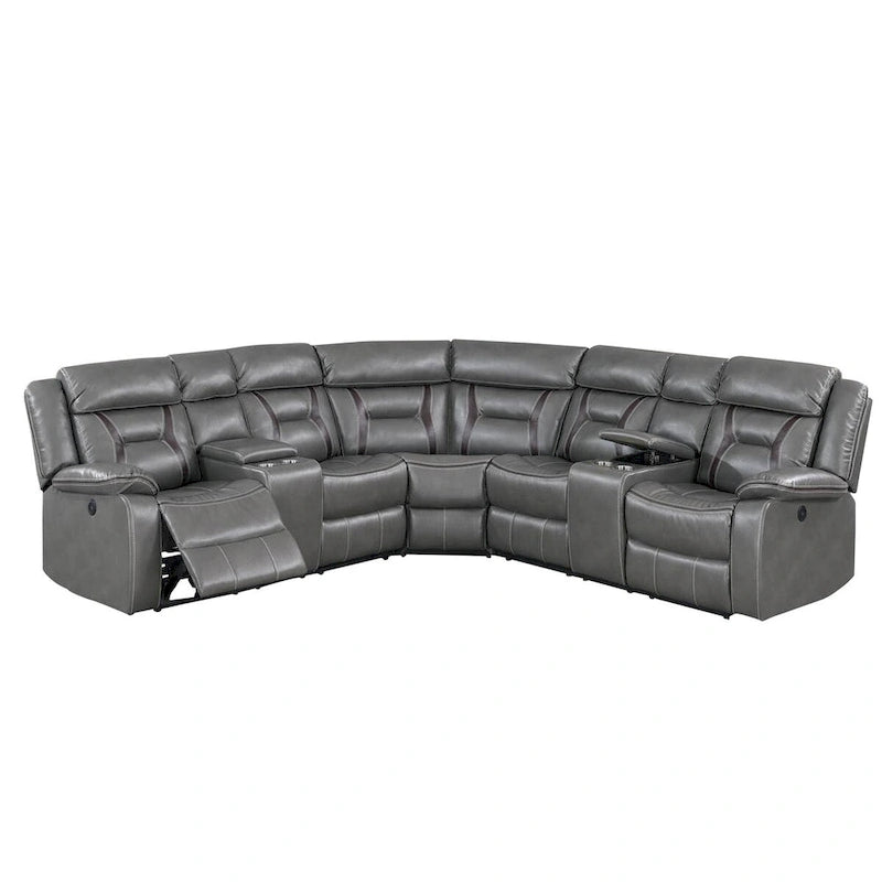 Lof Power Reclining Sectional Sofa Set, USB Port, Gray Gel Faux Leather