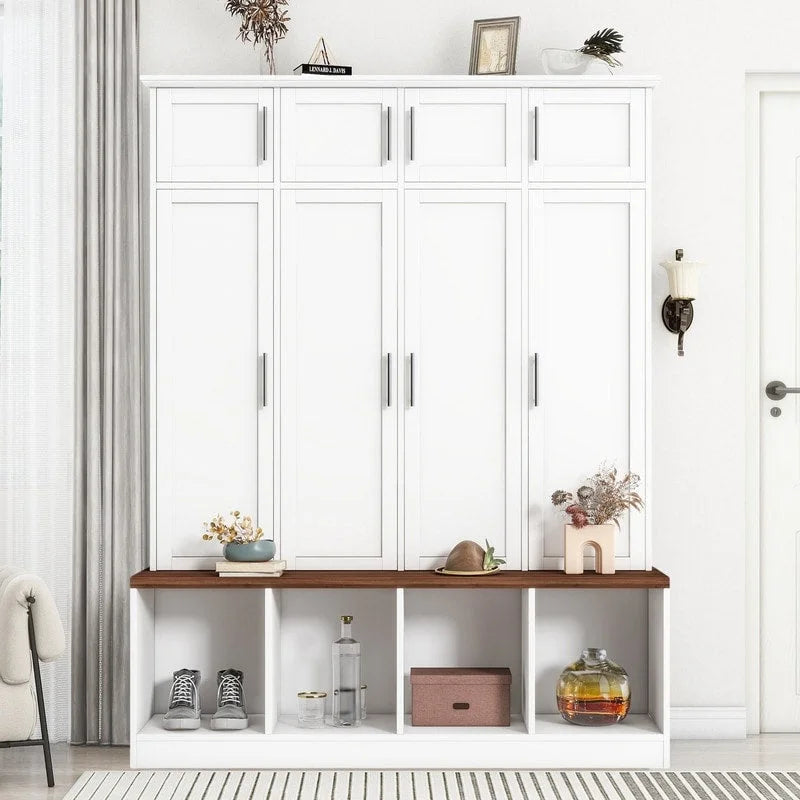 Banc de rangement d'entrée avec casiers à chaussures et porte-manteaux à crochets
