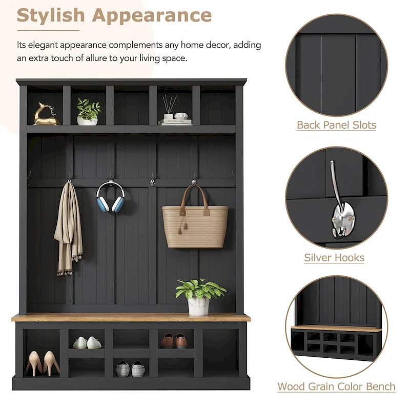 Banc de rangement d'entrée avec casiers à chaussures et porte-manteaux à crochets