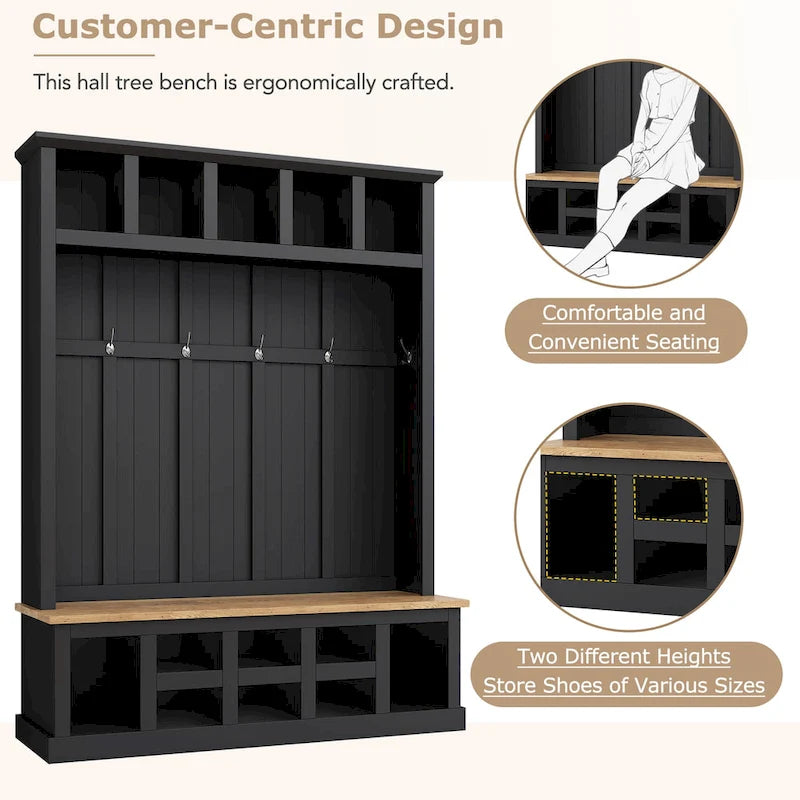 Banc de rangement d'entrée avec casiers à chaussures et porte-manteaux à crochets