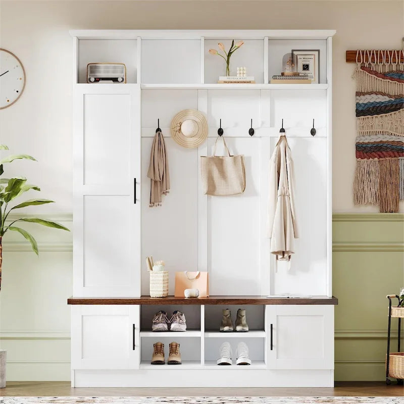 Banc de rangement d'entrée avec casiers à chaussures et porte-manteaux à crochets