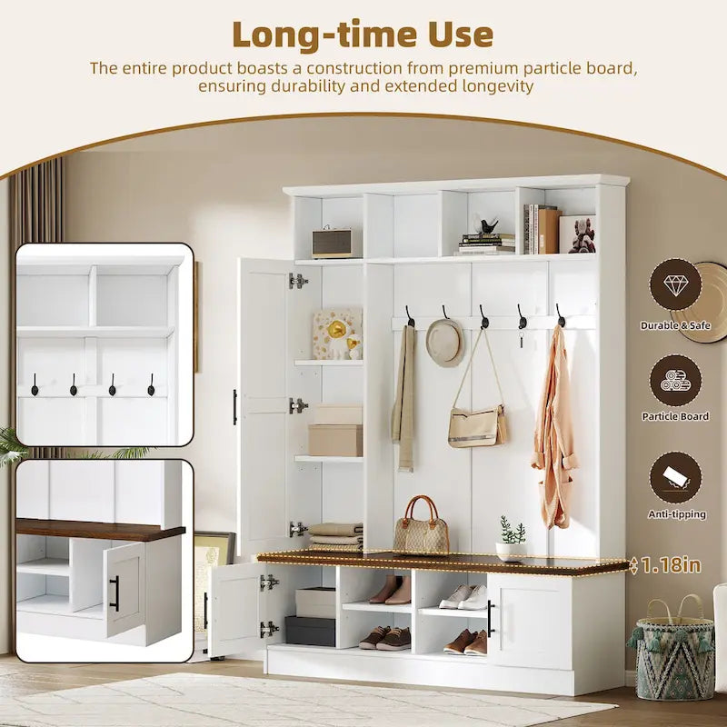 Banc de rangement d'entrée avec casiers à chaussures et porte-manteaux à crochets