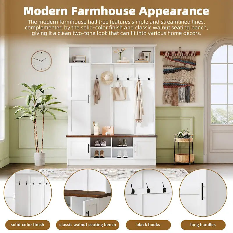 Banc de rangement d'entrée avec casiers à chaussures et porte-manteaux à crochets