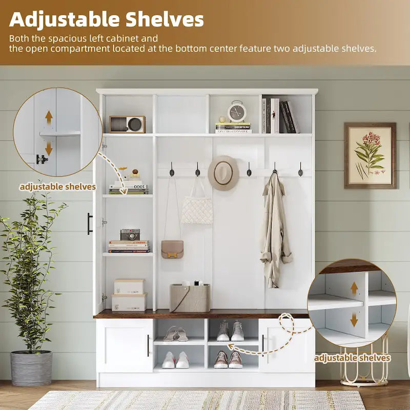 Banc de rangement d'entrée avec casiers à chaussures et porte-manteaux à crochets