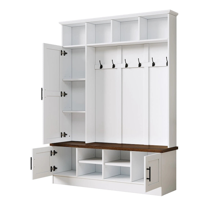 Banc de rangement d'entrée avec casiers à chaussures et porte-manteaux à crochets
