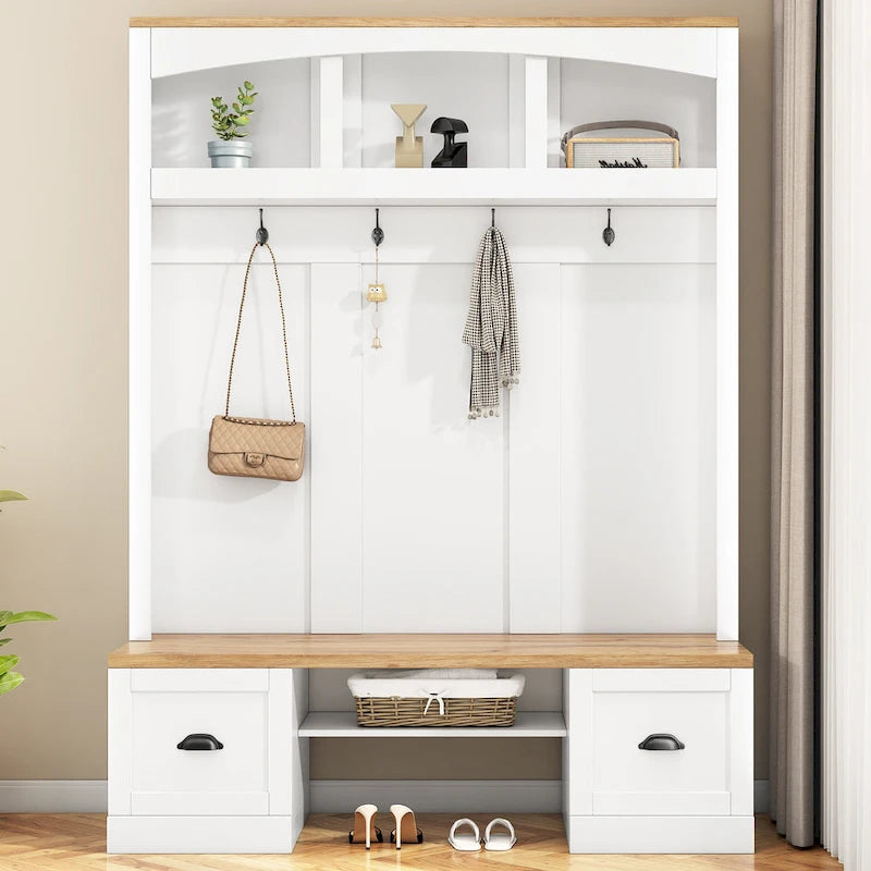 Banc de rangement d'entrée avec casiers à chaussures et porte-manteaux à crochets