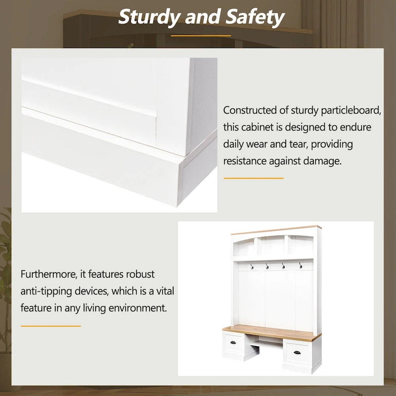Banc de rangement d'entrée avec casiers à chaussures et porte-manteaux à crochets