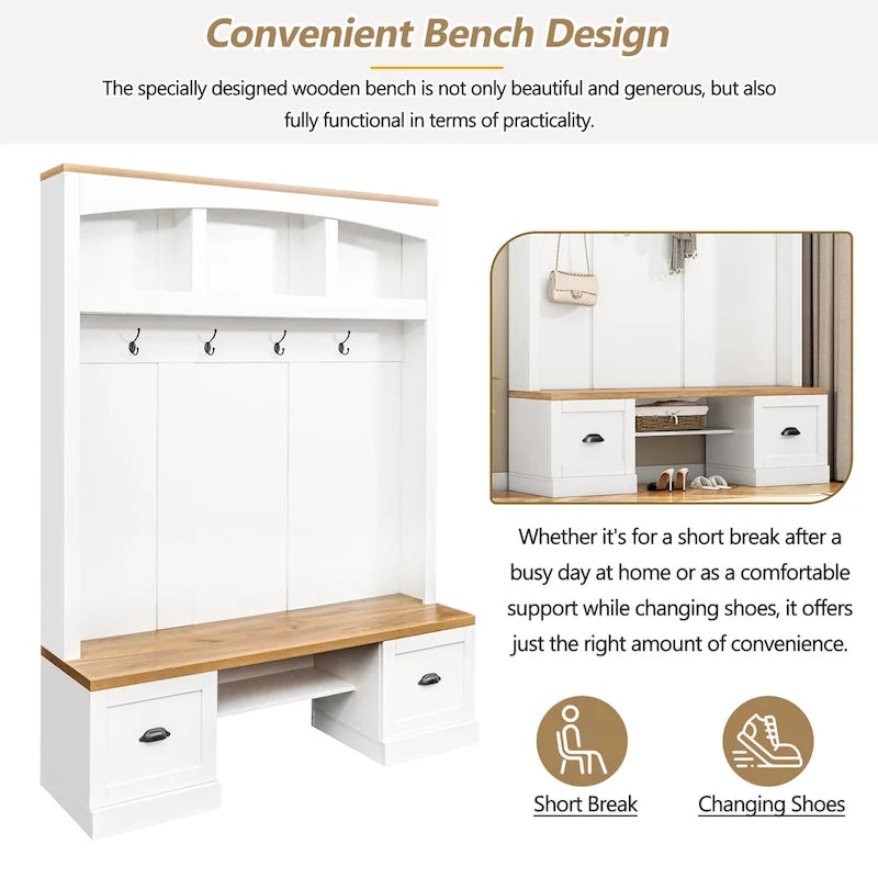 Banc de rangement d'entrée avec casiers à chaussures et porte-manteaux à crochets