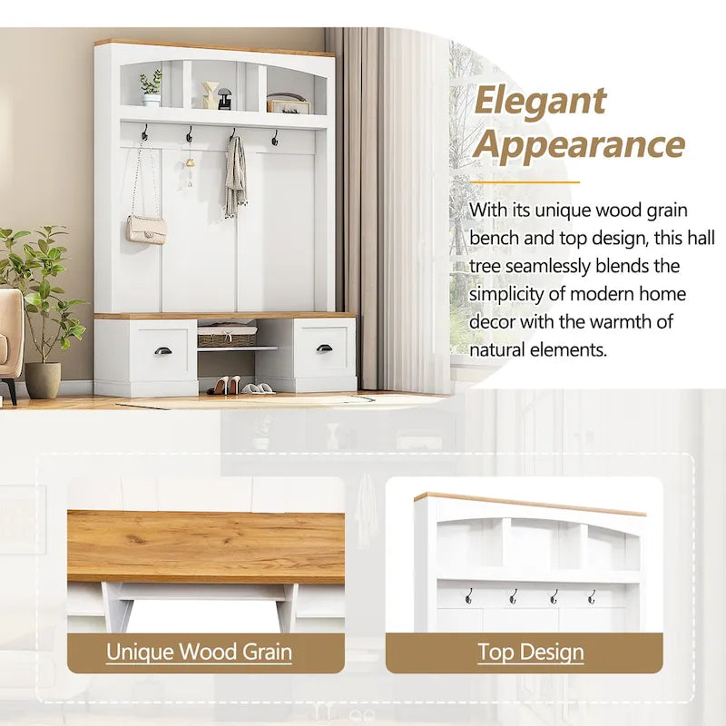 Banc de rangement d'entrée avec casiers à chaussures et porte-manteaux à crochets