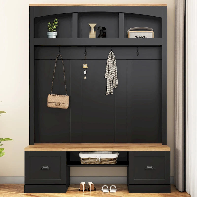 Banc de rangement d'entrée avec casiers à chaussures et porte-manteaux à crochets