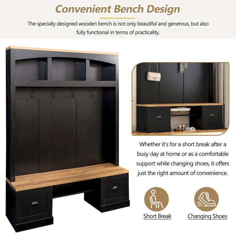 Banc de rangement d'entrée avec casiers à chaussures et porte-manteaux à crochets