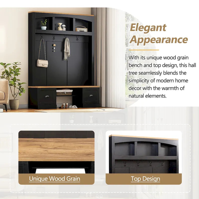 Banc de rangement d'entrée avec casiers à chaussures et porte-manteaux à crochets
