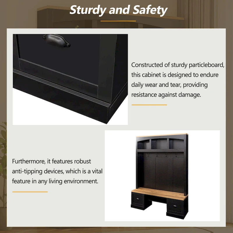 Banc de rangement d'entrée avec casiers à chaussures et porte-manteaux à crochets