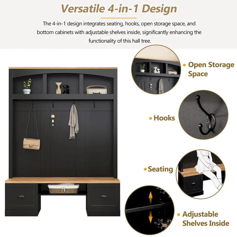 Banc de rangement d'entrée avec casiers à chaussures et porte-manteaux à crochets