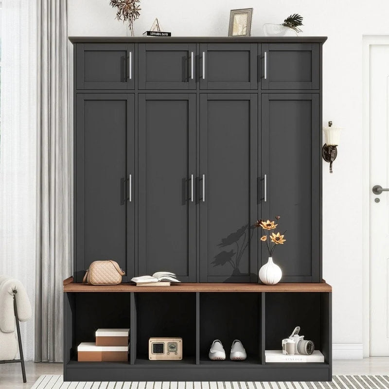 Banc de rangement d'entrée avec casiers à chaussures et porte-manteaux à crochets