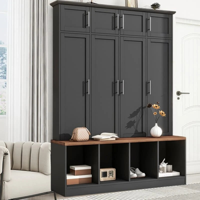 Banc de rangement d'entrée avec casiers à chaussures et porte-manteaux à crochets