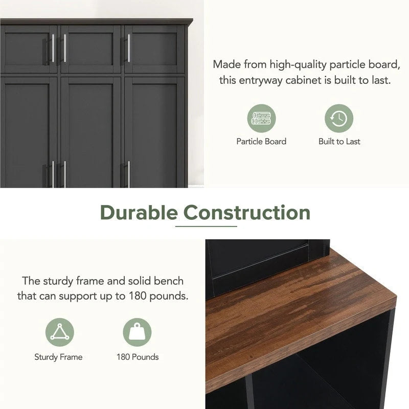 Banc de rangement d'entrée avec casiers à chaussures et porte-manteaux à crochets